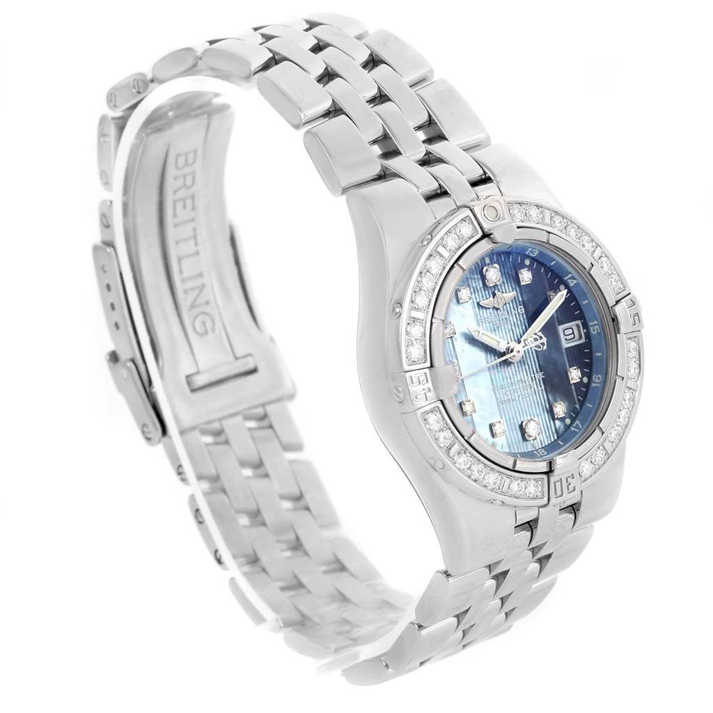 The image shows a side view of the Breitling A71340 Women's Stainless Steel Mother of Pearl Dial A71340 Women's Stainless Steel Mother of Pearl Dial Starliner Blue Mother of Pearl Diamond Watch A71340, highlighting the watch face, band, and clasp.
