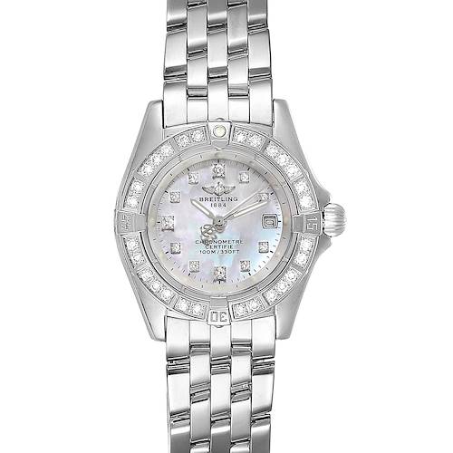 The Breitling J72345 Women's White Gold Mother of Pearl Dial J72345 Women's White Gold Mother of Pearl Dial Callistino 29mm White Gold MOP Diamond Ladies Watch J72345 is shown from a top-down angle, displaying the face and bracelet.