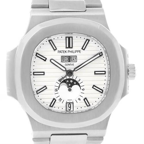 The image shows a front view of a Patek Philippe Nautilus 5726/1A-010 Men's Stainless Steel White Dial 5726/1A-010 Men's Stainless Steel White Dial watch, highlighting the dial, hands, and bracelet.