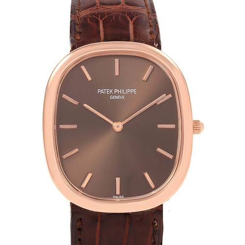 The image shows a front view of the Patek Philippe Golden Ellipse 3738 Men's Rose Gold Brown Dial 3738 Men's Rose Gold Brown Dial watch, highlighting its dial, hands, and brown leather strap.