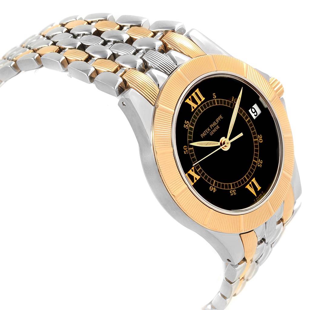 The image shows a side-angle view of the Patek Philippe Neptune 5080/I JA Men's Steel and Gold (two tone) Black Dial 5080/I JA Men's Steel and Gold (two tone) Black Dial model watch, highlighting its two-tone bracelet and black dial.