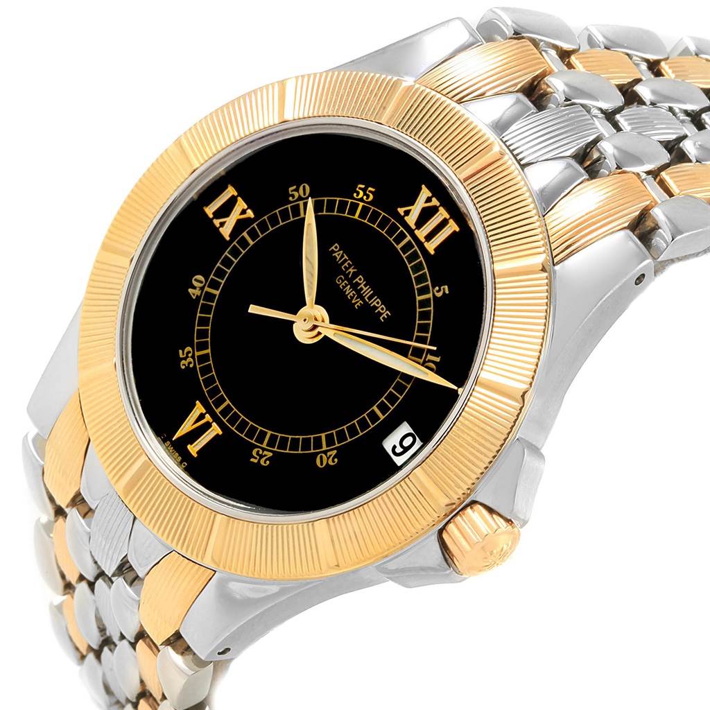 The image displays a Patek Philippe Neptune 5080/I JA Men's Steel and Gold (two tone) Black Dial 5080/I JA Men's Steel and Gold (two tone) Black Dial model watch at an angled close-up, showcasing the face, bezel, and part of the band.