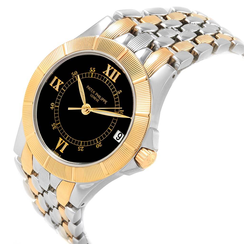 The image shows a side angle of the Patek Philippe Neptune 5080/I JA Men's Steel and Gold (two tone) Black Dial 5080/I JA Men's Steel and Gold (two tone) Black Dial watch, featuring a gold and silver band, black dial, and date display.