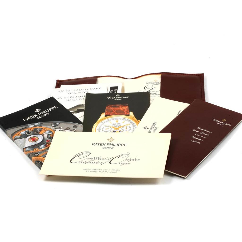 The image shows various documents and certificates for the Patek Philippe Neptune 5080/I JA Men's Steel and Gold (two tone) Black Dial 5080/I JA Men's Steel and Gold (two tone) Black Dial model watch, including manuals and a certificate of origin.