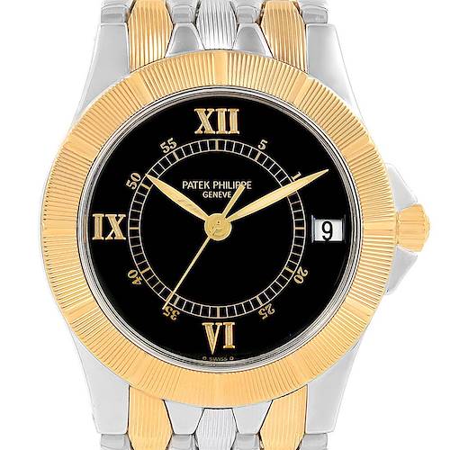 The image shows a frontal view of the Patek Philippe Neptune 5080/I JA Men's Steel and Gold (two tone) Black Dial 5080/I JA Men's Steel and Gold (two tone) Black Dial watch, displaying its black dial, gold detailing, and date window.