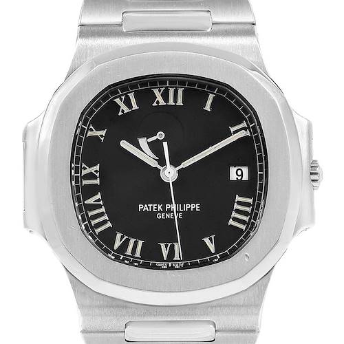The image shows a front view of a Patek Philippe Nautilus 3710/1A Men's Stainless Steel Black Dial 3710/1A Men's Stainless Steel Black Dial watch, displaying its black dial with Roman numerals, hands, and date indicator.
