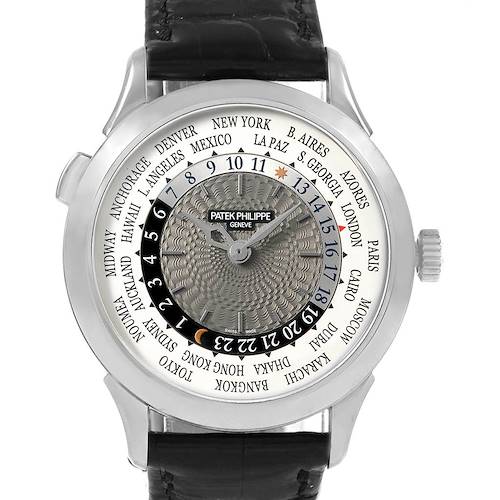 The image shows a front view of the Patek Philippe Complications 5230G Men's White Gold Grey Dial 5230G Men's White Gold Grey Dial model watch, displaying the dial, hands, and bezels with a leather strap.