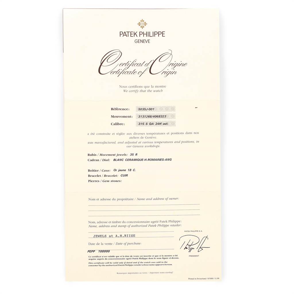 This image shows the Certificate of Origin for the Patek Philippe 5035J Men's Yellow Gold Silver Dial 5035J Men's Yellow Gold Silver Dial Complicated Annual Calendar Yellow Gold Men's Watch 5035 model.