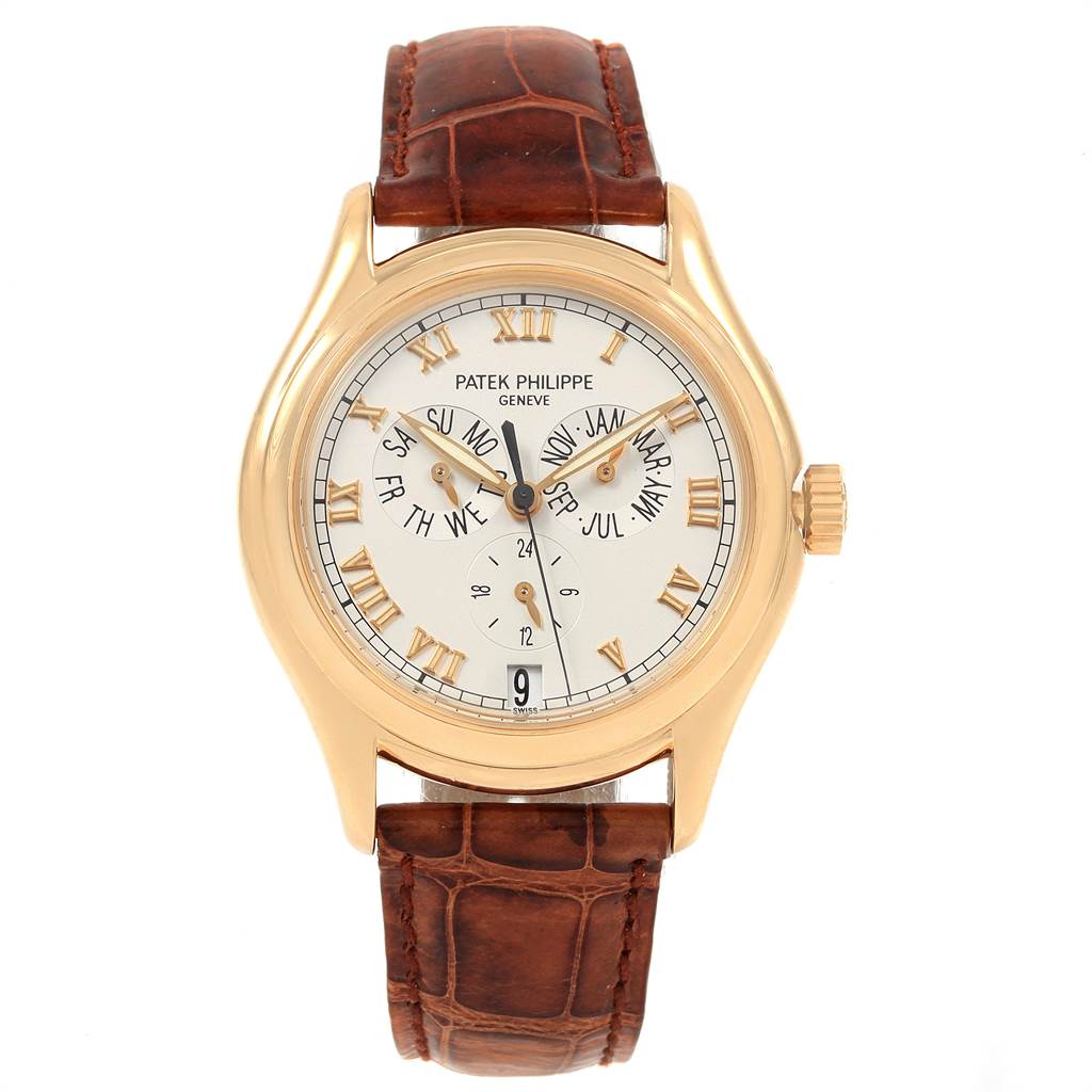 The image shows a front view of a Patek Philippe 5035J Men's Yellow Gold Silver Dial 5035J Men's Yellow Gold Silver Dial Complicated Annual Calendar Yellow Gold Men's Watch 5035 with a leather strap.