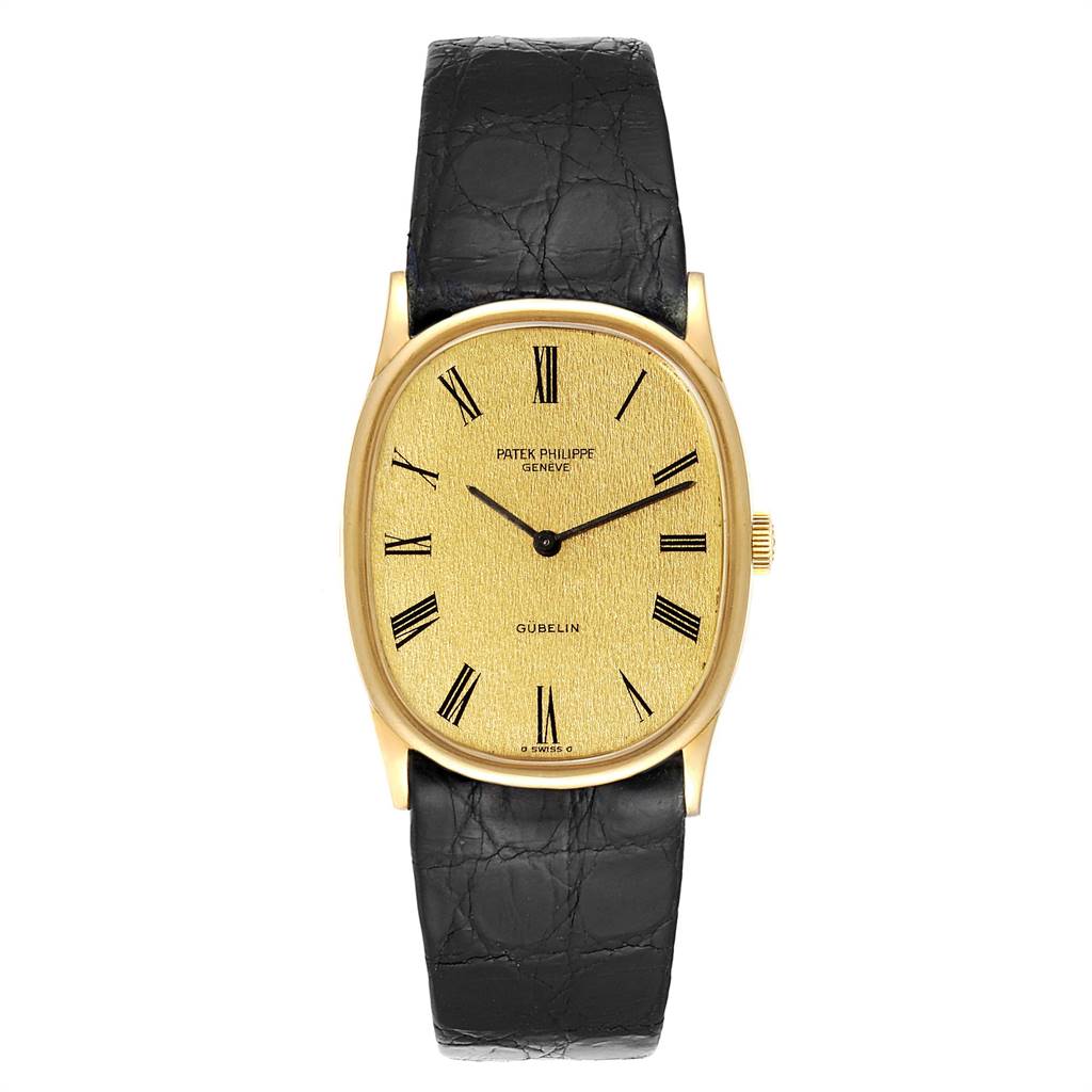 The image shows a front view of the Patek Philippe Golden Ellipse 3846 Men's Yellow Gold Champagne Dial 3846 Men's Yellow Gold Champagne Dial watch with a black leather strap.