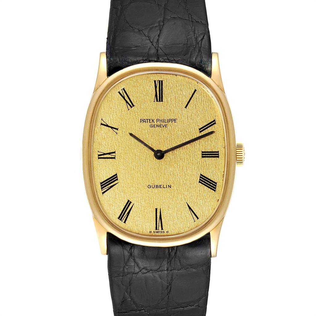 The image shows a front view of a Patek Philippe Golden Ellipse 3846 Men's Yellow Gold Champagne Dial 3846 Men's Yellow Gold Champagne Dial model watch, highlighting the face, bezel, and strap.