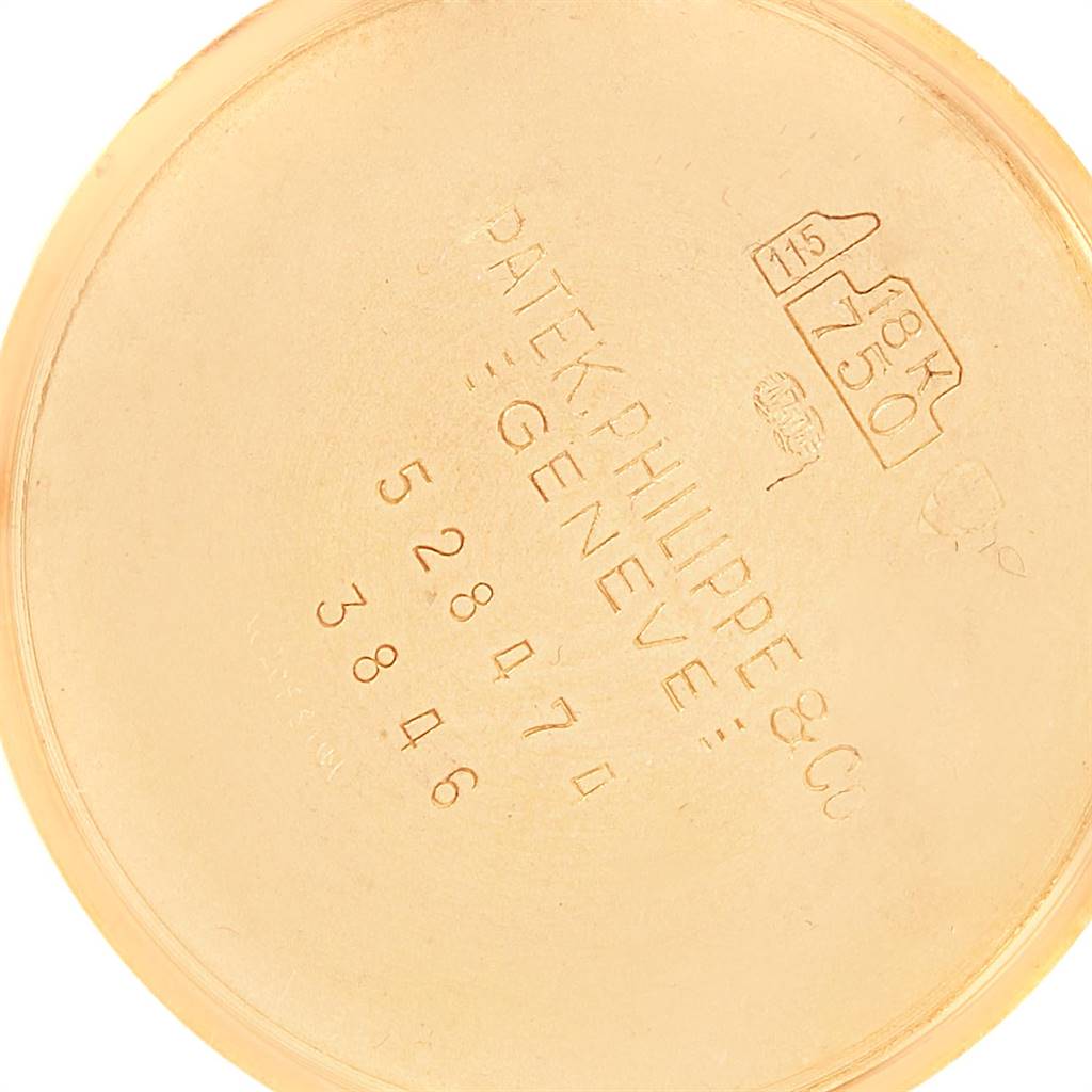 The image shows the engraved case back interior of a Patek Philippe Golden Ellipse 3846 Men's Yellow Gold Champagne Dial 3846 Men's Yellow Gold Champagne Dial watch.