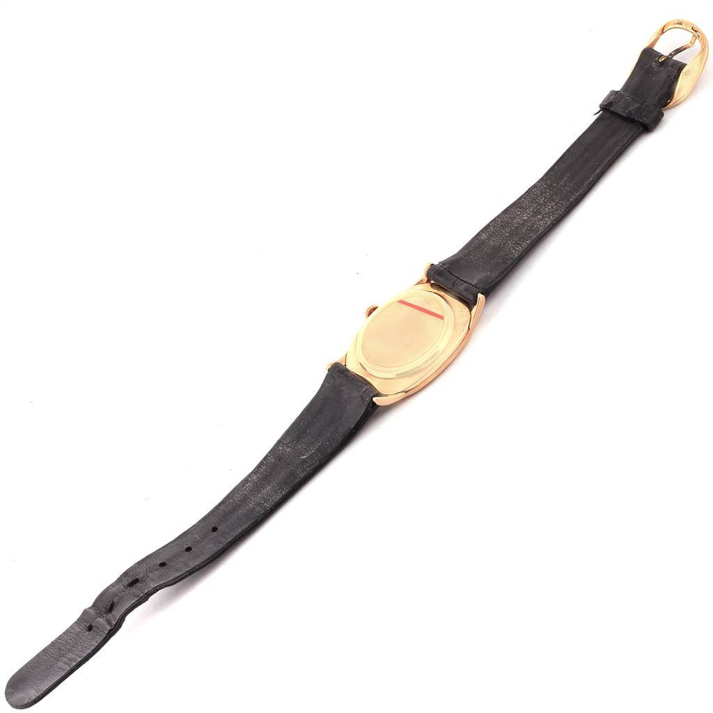 This image shows the back view of a Patek Philippe Golden Ellipse 3846 Men's Yellow Gold Champagne Dial 3846 Men's Yellow Gold Champagne Dial watch with its strap fully extended.