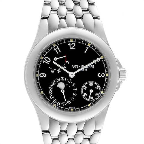 This image shows a front view of the Neptune model by Patek Philippe, highlighting the watch face and stainless steel bracelet.