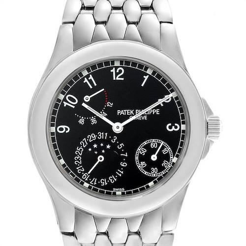The image shows a front view of the Patek Philippe Neptune 5085A/1A-001 Men's Stainless Steel Black Dial 5085A/1A-001 Men's Stainless Steel Black Dial model watch, highlighting its black dial, bracelet, and various subdials.
