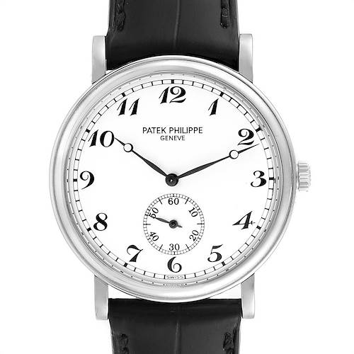 The image shows a front view of a Patek Philippe Calatrava 5022P Men's Platinum White Dial 5022P Men's Platinum White Dial watch with a white dial and black leather strap.