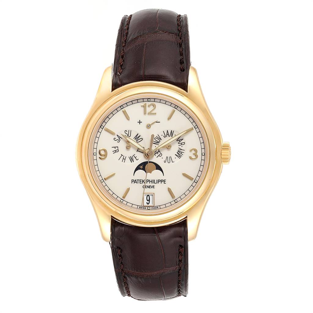 The image shows a front view of a Patek Philippe 5146J Men's Yellow Gold Beige Dial 5146J Men's Yellow Gold Beige Dial Complicated Annual Calendar Yellow Gold Men's Watch 5146J with its dial, hands, and strap visible.