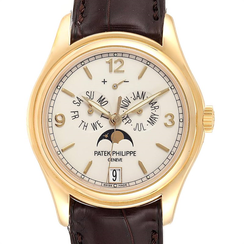 The image shows a frontal view of the Patek Philippe 5146J Men's Yellow Gold Beige Dial 5146J Men's Yellow Gold Beige Dial Complicated Annual Calendar Yellow Gold Men's Watch 5146J model, highlighting the dial and complications.