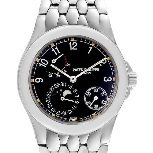 The image shows a frontal view of the Patek Philippe Neptune 5085A/1A-001 Men's Stainless Steel Black Dial 5085A/1A-001 Men's Stainless Steel Black Dial model watch, displaying its dial, hands, and stainless steel bracelet.