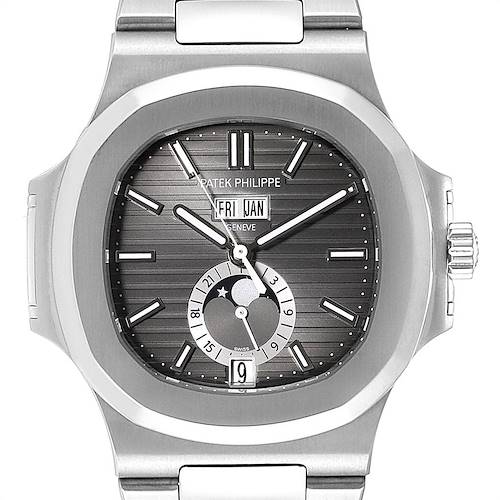 The image shows the front view of a Patek Philippe Nautilus 5726/1A-001 Men's Stainless Steel Black Dial 5726/1A-001 Men's Stainless Steel Black Dial watch displaying the dial, hands, sub-dials, and part of the bracelet.