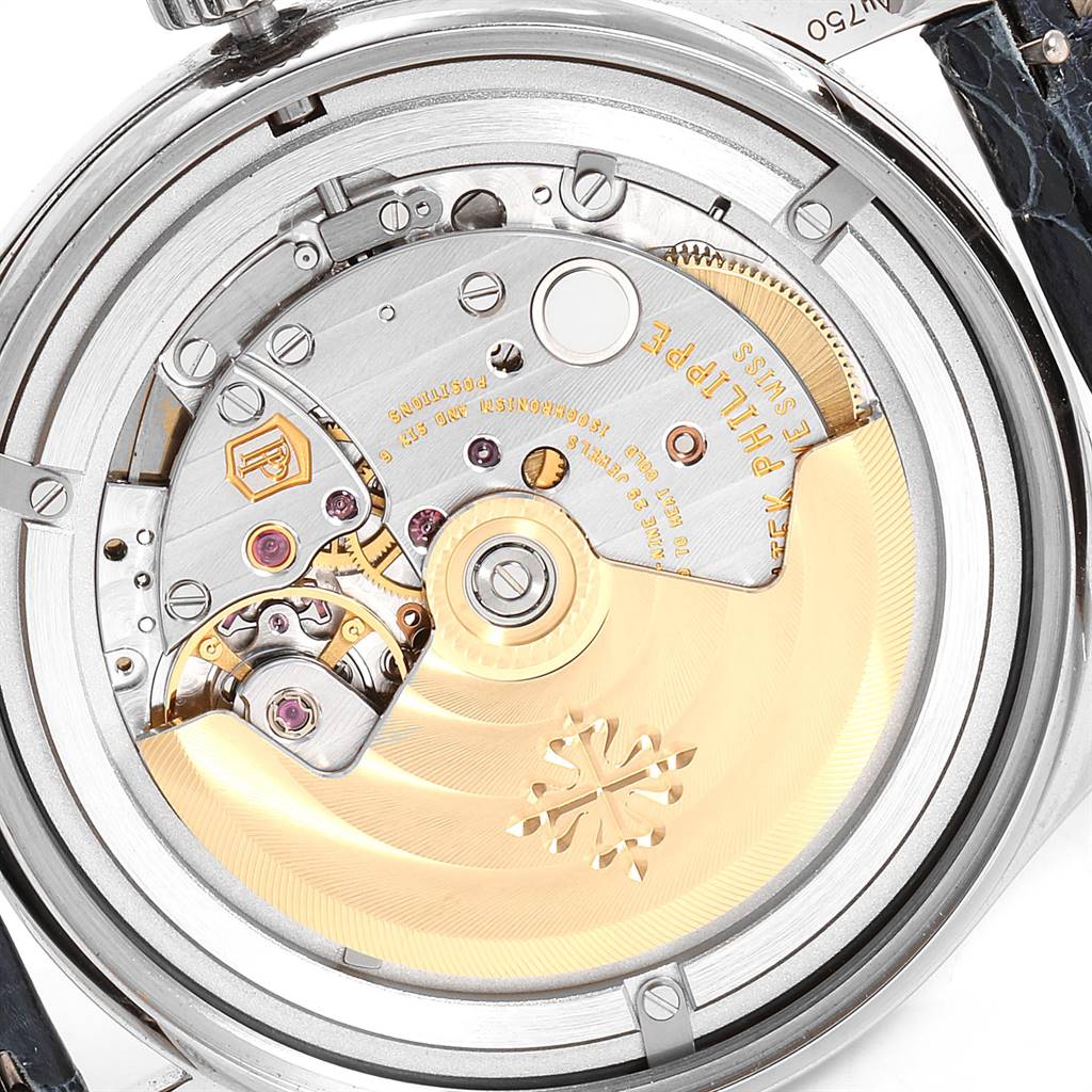 This image shows the back of a Patek Philippe Calatrava 5296G Men's White Gold Silver Dial 5296G Men's White Gold Silver Dial watch, highlighting its intricate mechanical movement.