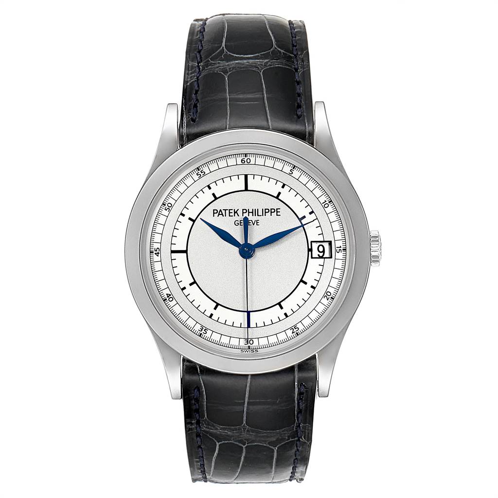 This image shows a front view of a Patek Philippe Calatrava 5296G Men's White Gold Silver Dial 5296G Men's White Gold Silver Dial watch with its dial, case, and leather strap clearly visible.