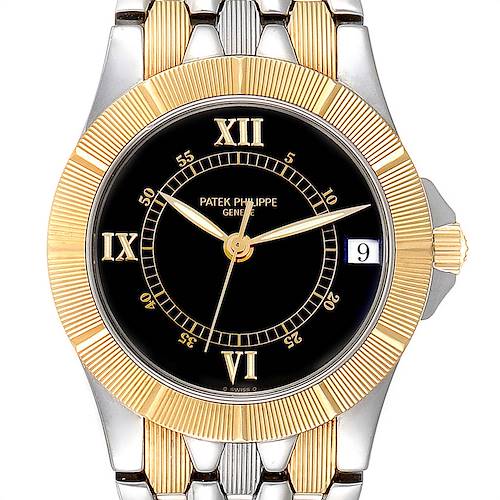 The image shows a front view of the Patek Philippe Neptune 5080/IJA Men's Steel and Gold (two tone) Black Dial 5080/IJA Men's Steel and Gold (two tone) Black Dial watch, displaying the dial, hands, bezel, and part of the bracelet.