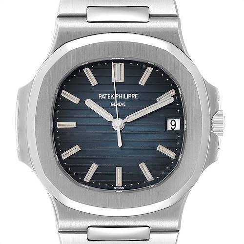 This image shows a front view of the Patek Philippe Nautilus 5711/1A-010 Men's Stainless Steel Blue Dial 5711/1A-010 Men's Stainless Steel Blue Dial watch, highlighting its dial, hands, date display, and part of the bracelet.