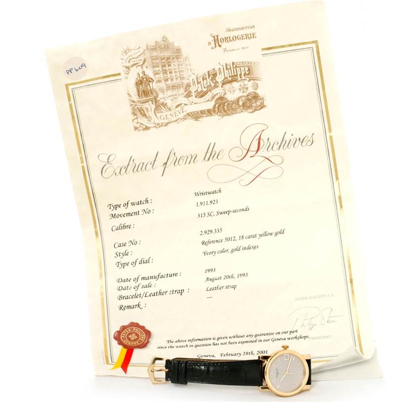 The image shows a Patek Philippe Calatrava 5012 Men's Yellow Gold Beige Dial 5012 Men's Yellow Gold Beige Dial watch and its "Extract from the Archives" document from a slightly overhead angle.