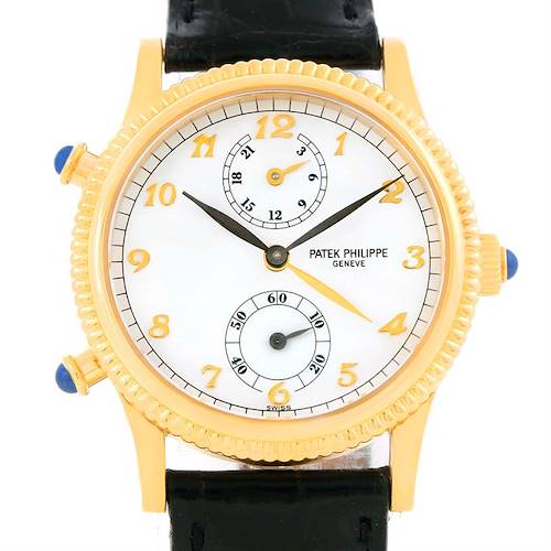 The image shows a front view of a Patek Philippe Calatrava 4864J Women's Yellow Gold White Dial 4864J Women's Yellow Gold White Dial watch featuring a white dial, gold accents, and a leather strap.