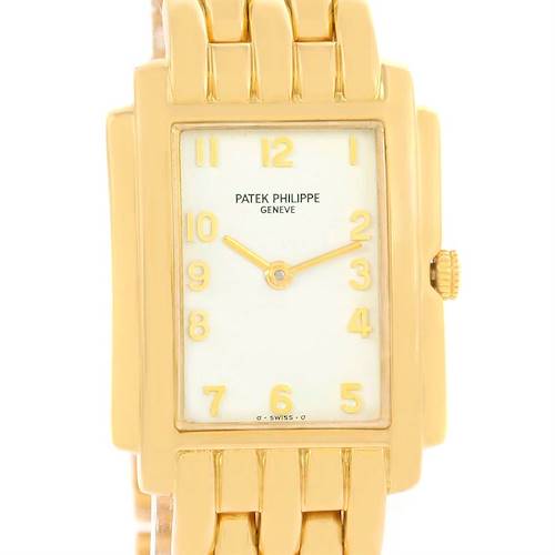 The image shows a Patek Philippe Gondolo 4824 Women's Yellow Gold White Dial 4824 Women's Yellow Gold White Dial watch from the front, highlighting its rectangular gold case, white dial, and gold bracelet.