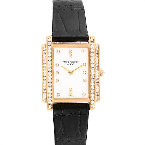 The image shows a front view of the Patek Philippe Gondolo 4825/100 Women's Yellow Gold White Dial 4825/100 Women's Yellow Gold White Dial watch with a rectangular face and leather strap.
