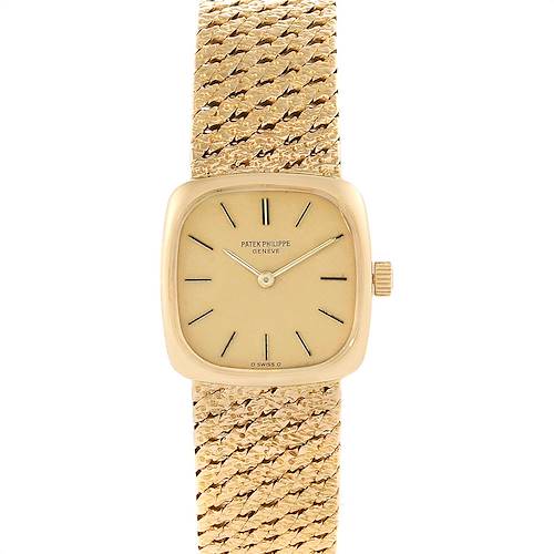 This is a front view of the Vintage Patek Philippe watch, showing its gold dial, case, and textured bracelet.