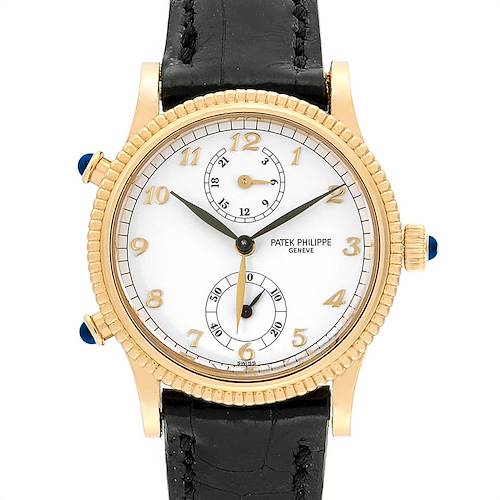 The image shows a Patek Philippe Calatrava 4864J Women's Yellow Gold White Dial 4864J Women's Yellow Gold White Dial watch from a front view angle, displaying its dial, hands, subdials, and leather strap.