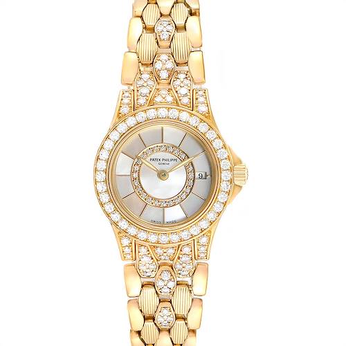 The image shows a front view of a Patek Philippe Neptune 4881-120 Women's Yellow Gold Mother of Pearl Dial 4881-120 Women's Yellow Gold Mother of Pearl Dial model watch, highlighting its dial, bezel, and part of its bracelet.