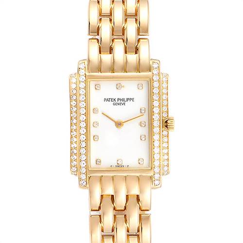 This image shows a front view of a Patek Philippe Gondolo PATEK PHILIPPE Women's Yellow Gold White Dial PATEK PHILIPPE Women's Yellow Gold White Dial watch, highlighting its face, bezel, and bracelet.
