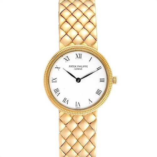 The image shows a front view of the Patek Philippe Calatrava 4819 Women's Yellow Gold White Dial 4819 Women's Yellow Gold White Dial watch, highlighting its white dial, gold bezel, and intricate gold bracelet.