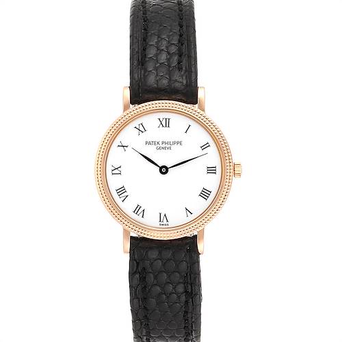 This is a front view of the Patek Philippe Calatrava 4819 Women's Yellow Gold White Dial 4819 Women's Yellow Gold White Dial watch, showing the dial, bezel, and strap.