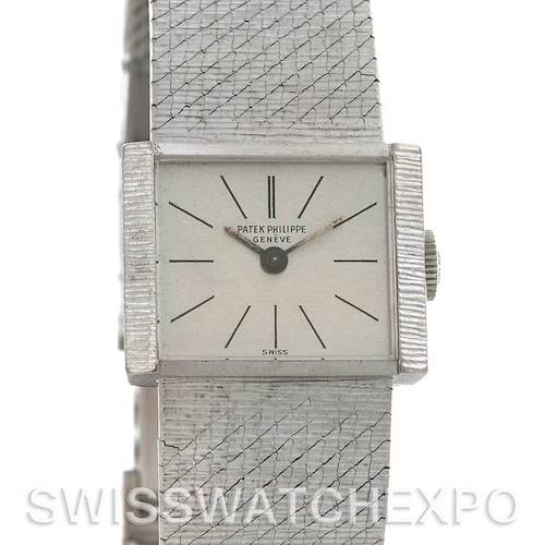 This image shows a front view of the Vintage Patek Philippe watch, highlighting its square face, dial, and textured strap.