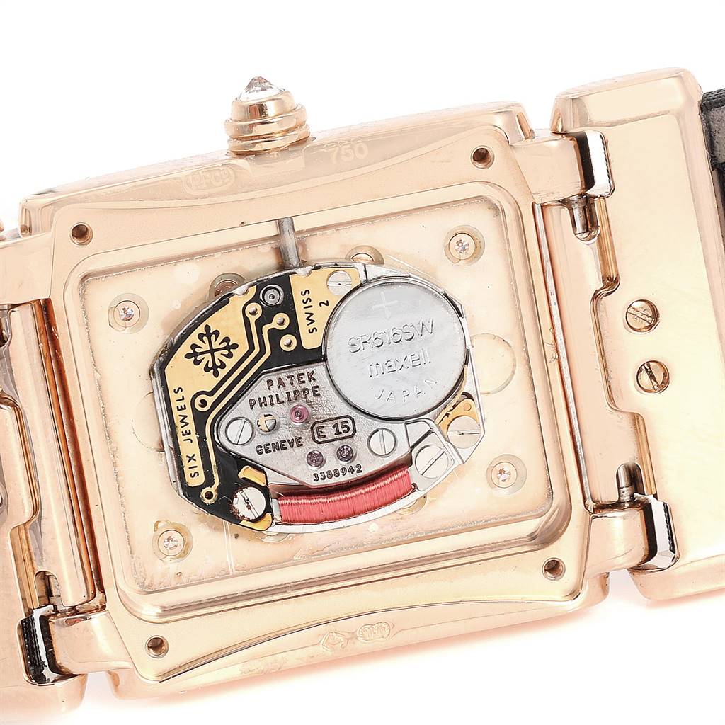 This image shows the caseback of the Patek Philippe Twenty-4 4920R-10 Women's Rose Gold Silver Dial 4920R-10 Women's Rose Gold Silver Dial model, displaying the movement and electronic components.