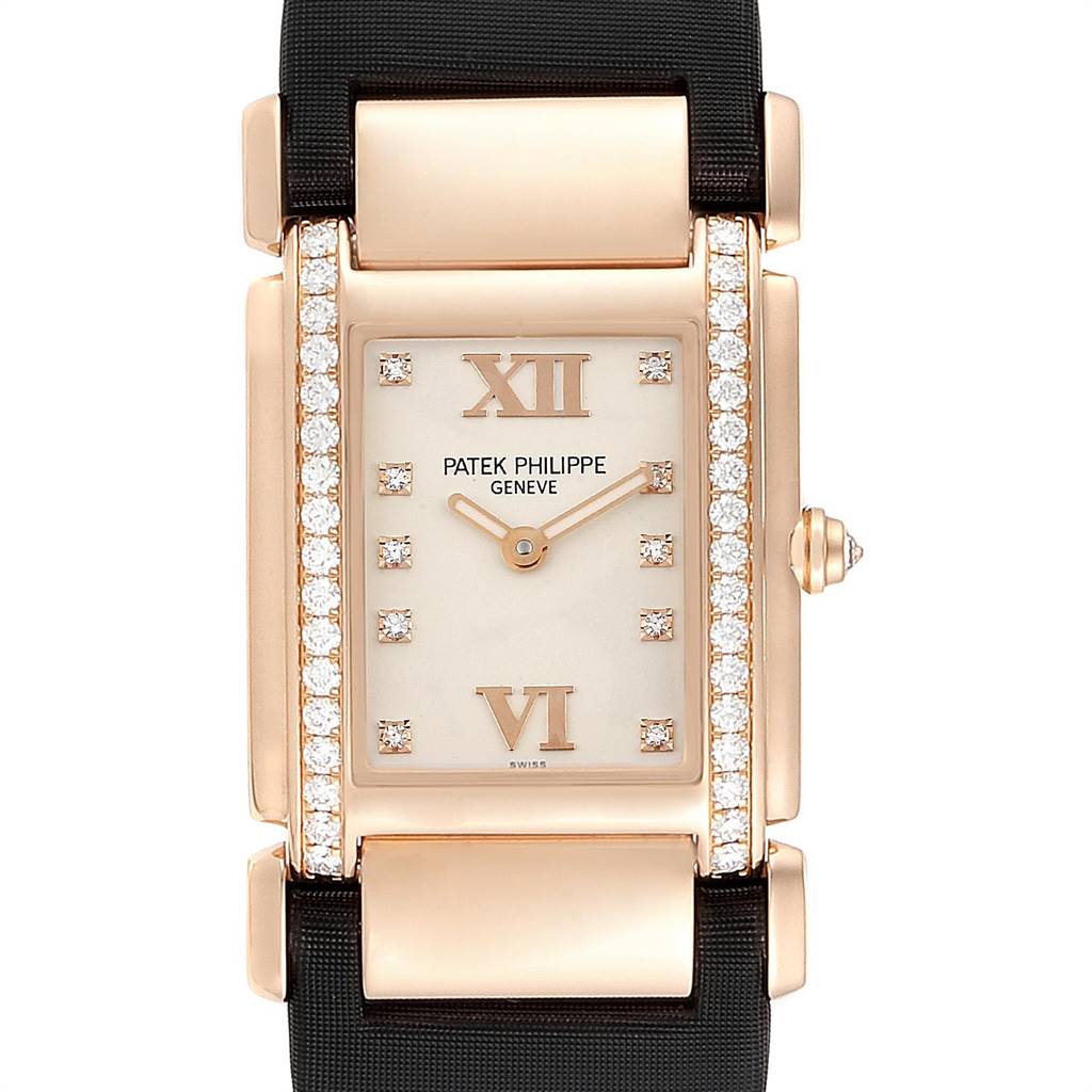The image shows a front view of a Patek Philippe Twenty-4 4920R-10 Women's Rose Gold Silver Dial 4920R-10 Women's Rose Gold Silver Dial watch, highlighting its rectangular face and diamond accents.