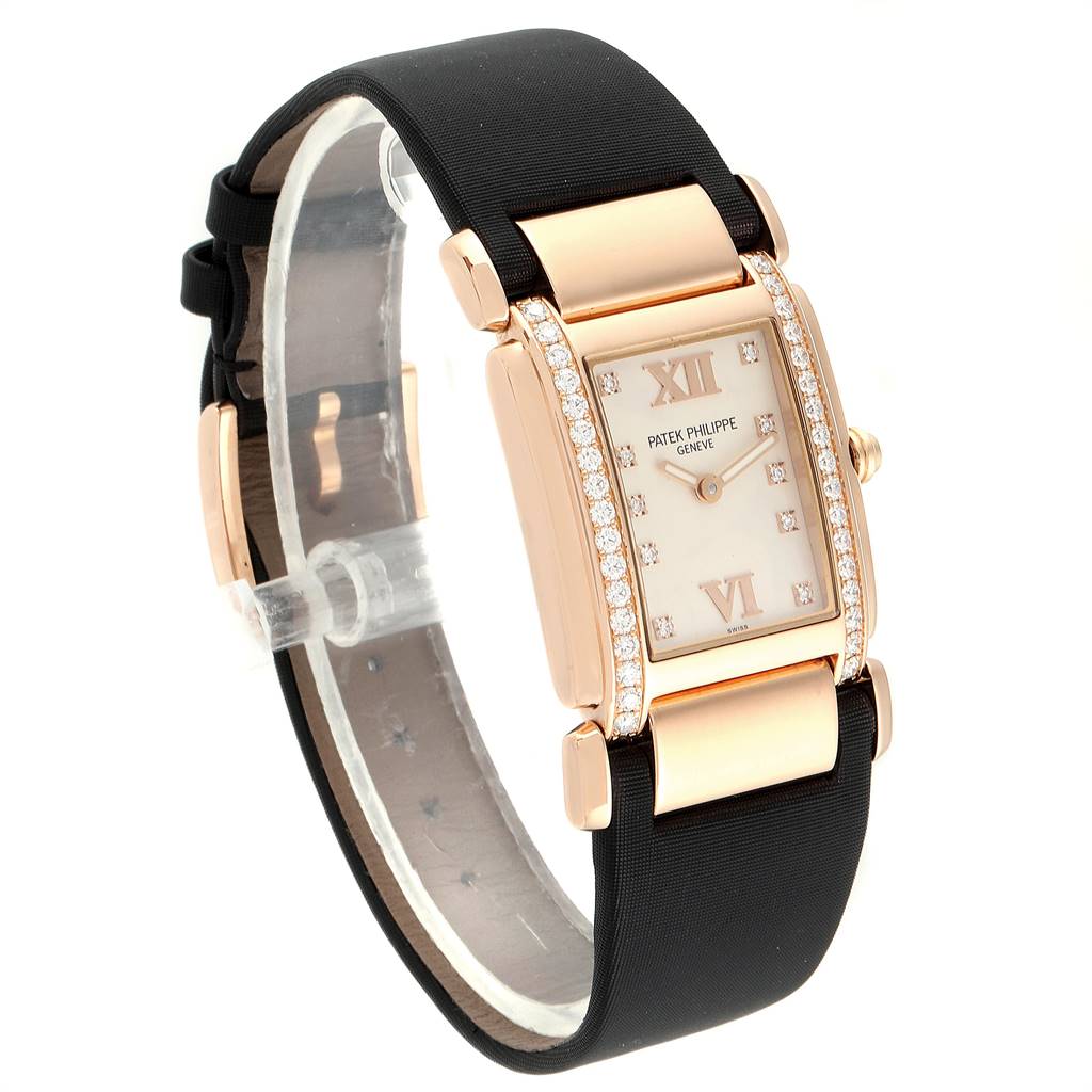 The image shows a Patek Philippe Twenty-4 4920R-10 Women's Rose Gold Silver Dial 4920R-10 Women's Rose Gold Silver Dial watch at a slight angle, highlighting the face, bezel, and part of the strap.