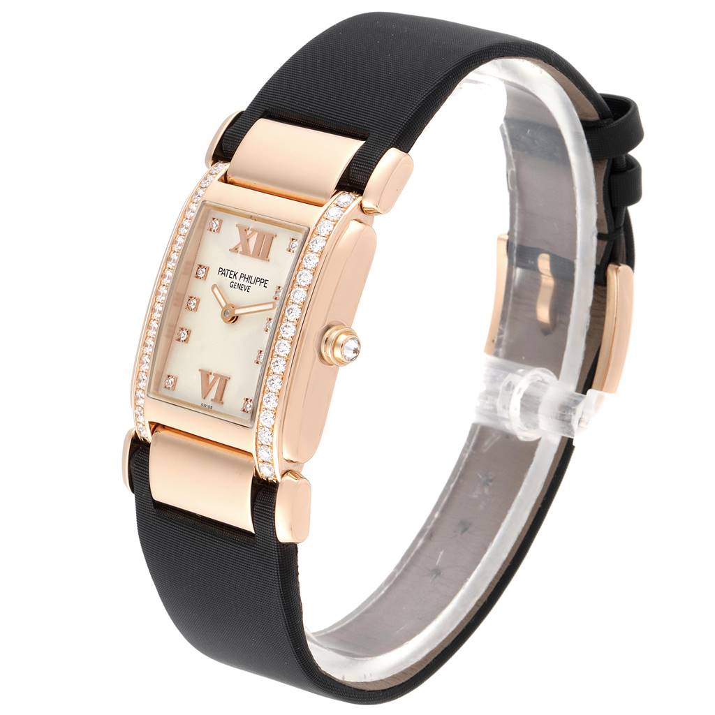 The Patek Philippe Twenty-4 4920R-10 Women's Rose Gold Silver Dial 4920R-10 Women's Rose Gold Silver Dial watch is shown at a slight angle, highlighting the face, bezel, and black strap.