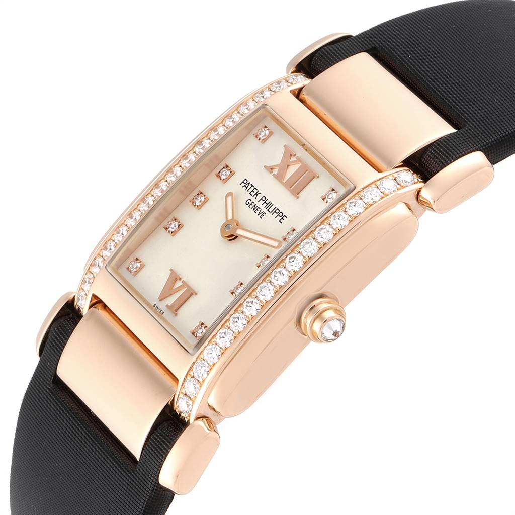 This image shows a Patek Philippe Twenty-4 4920R-10 Women's Rose Gold Silver Dial 4920R-10 Women's Rose Gold Silver Dial model watch at a slight angle, highlighting the rectangular face, diamond bezel, and crown.
