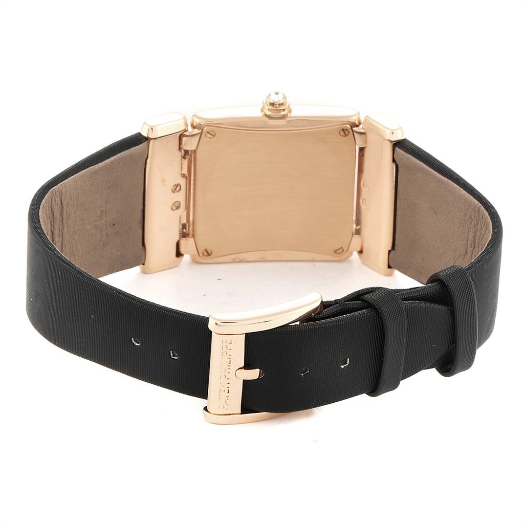 The image shows the back view of a Patek Philippe Twenty-4 4920R-10 Women's Rose Gold Silver Dial 4920R-10 Women's Rose Gold Silver Dial watch, highlighting the case, strap, and clasp.