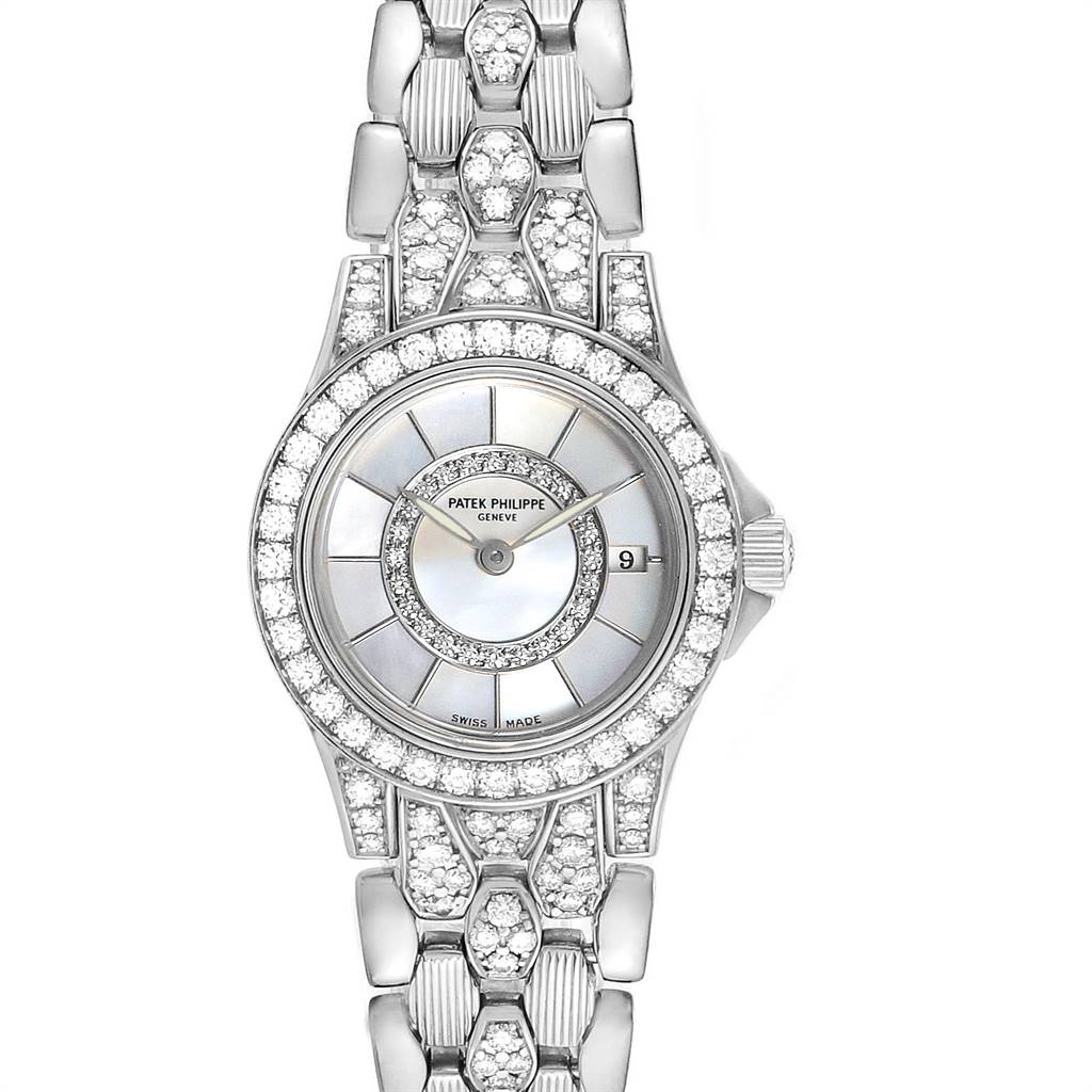 The image shows a frontal view of the Patek Philippe Neptune 4881-120G Women's White Gold Mother of Pearl Dial 4881-120G Women's White Gold Mother of Pearl Dial watch, displaying its diamond-studded bezel and bracelet.