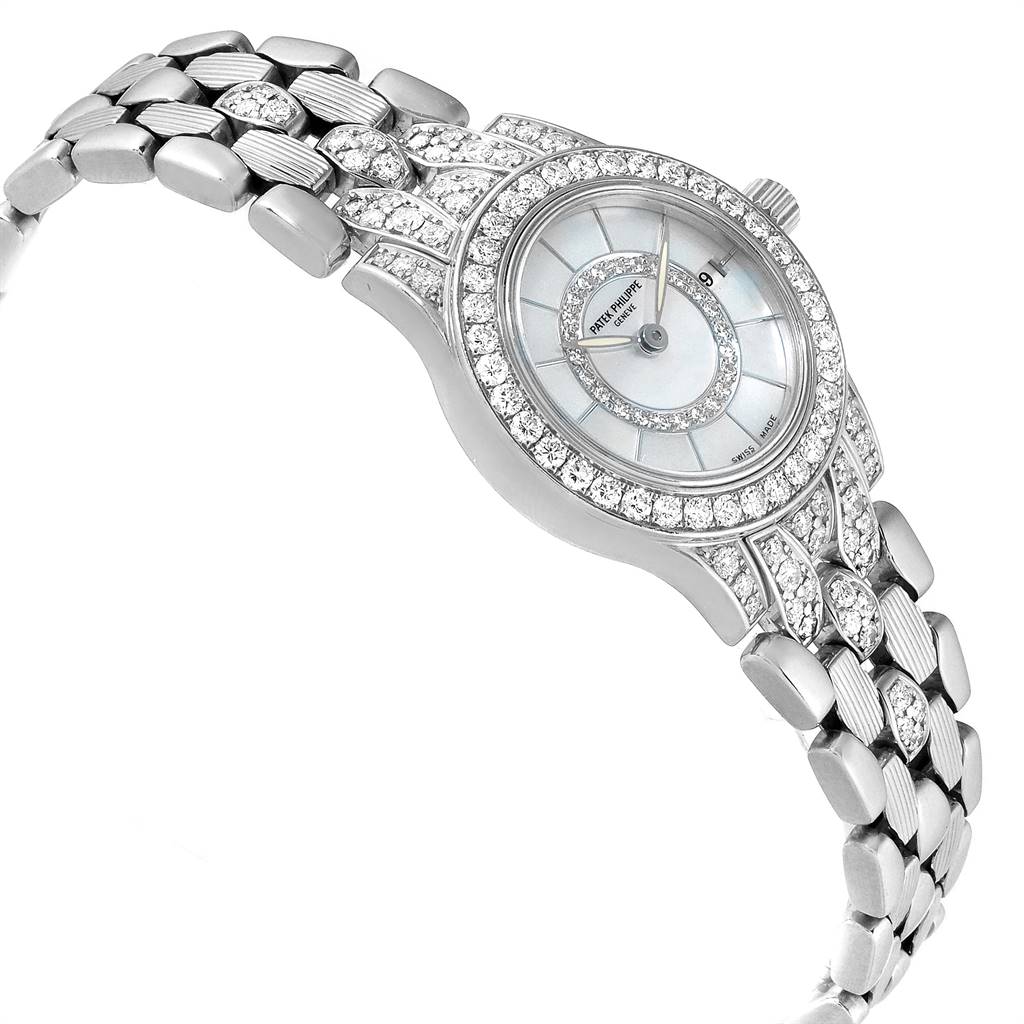 The image shows a side-angle view of the Patek Philippe Neptune 4881-120G Women's White Gold Mother of Pearl Dial 4881-120G Women's White Gold Mother of Pearl Dial model watch, highlighting its diamond-studded bezel and bracelet.