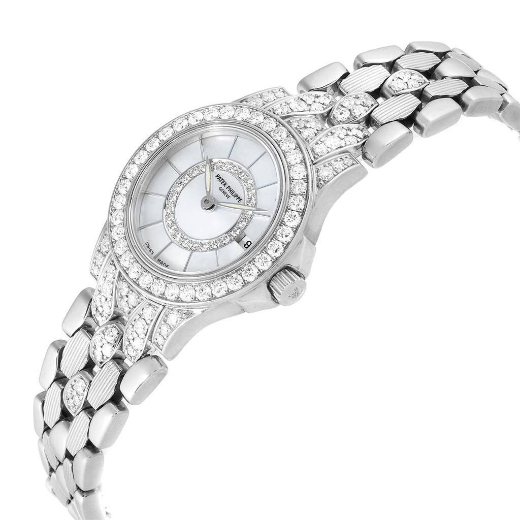 The image shows a Patek Philippe Neptune 4881-120G Women's White Gold Mother of Pearl Dial 4881-120G Women's White Gold Mother of Pearl Dial model watch from an angled view, displaying the diamond-set bezel, dial, and bracelet.