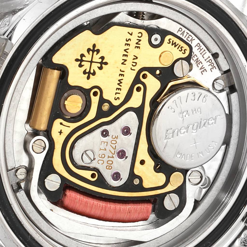The image shows a close-up of the movement mechanism from the back of a Patek Philippe Neptune 4881-120G Women's White Gold Mother of Pearl Dial 4881-120G Women's White Gold Mother of Pearl Dial model watch.