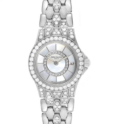 The image shows a front view of a Patek Philippe Neptune 4881-120G Women's White Gold Mother of Pearl Dial 4881-120G Women's White Gold Mother of Pearl Dial model watch, featuring a diamond-encrusted bezel and bracelet.